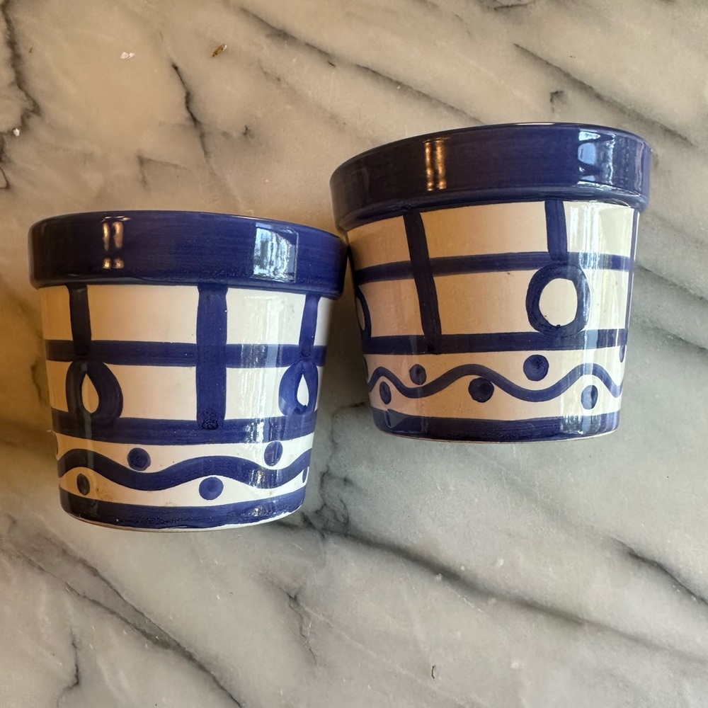 Grand Millennial NEW Dansk Arabesque FLOWER POTS Blue Hand Painted SET OF 2